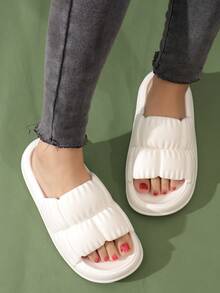 Preppy Indoor Slides For Women, Texture Embossed Single Band EVA Slippers - White - View 6