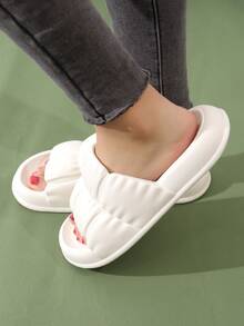 Preppy Indoor Slides For Women, Texture Embossed Single Band EVA Slippers - White - View 7
