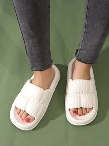 Preppy Indoor Slides For Women, Texture Embossed Single Band EVA Slippers - White - View 8