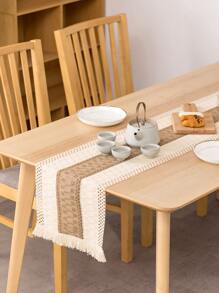 1pc Colorblock Fringe Trim Table Runner, Modern Polyester Kitchen Table Runner - Multicolor - View 3