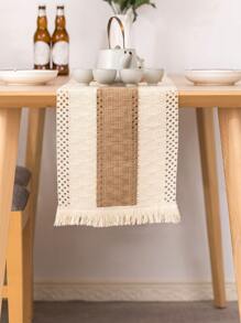 1pc Colorblock Fringe Trim Table Runner, Modern Polyester Kitchen Table Runner - Multicolor - View 4