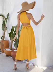 GENKIRA Vestido unicolor bajo a capas de cuello halter de cintura con abertura - Amarillo - Ver 2