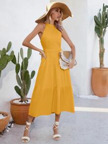 GENKIRA Vestido unicolor bajo a capas de cuello halter de cintura con abertura - Amarillo - Ver 3