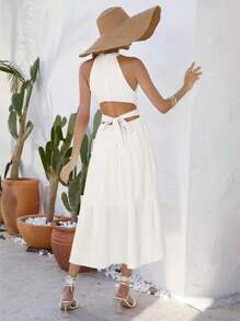 Aveloria Solid Layered Hem Halter Neck Cut Out Waist Dress - White - View 2