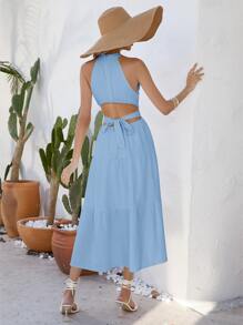 SHEIN Frenchy 素色多層下擺繞頸腰部鏤空洋裝 - 藍色 - 查看 2