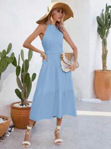 SHEIN Frenchy 素色多層下擺繞頸腰部鏤空洋裝 - 藍色 - 查看 3