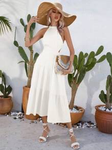 Aveloria Solid Layered Hem Halter Neck Cut Out Waist Dress - White - View 5