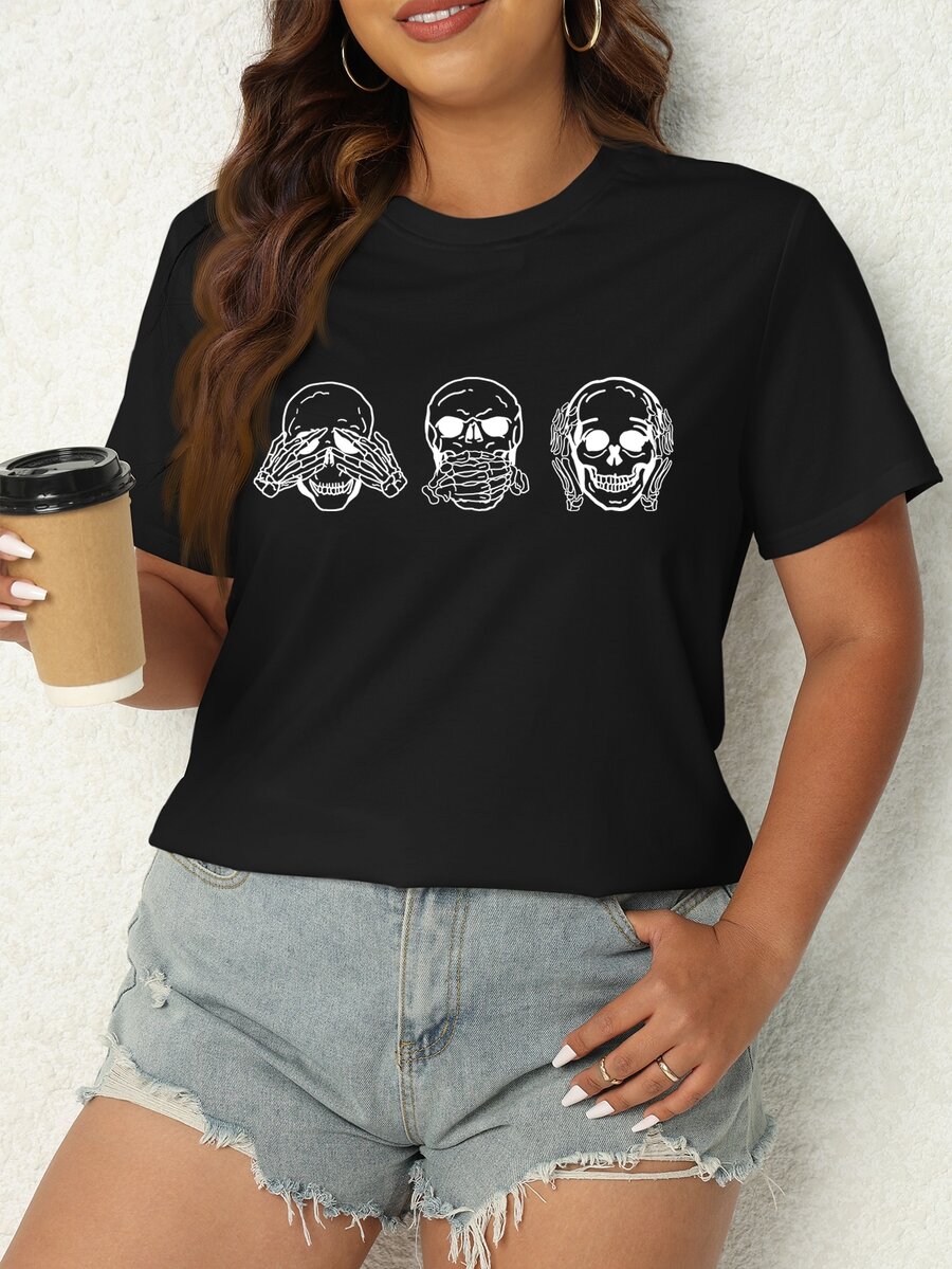 SHEIN LUNE Camiseta estampado de cráneo - Negro - Ver 1