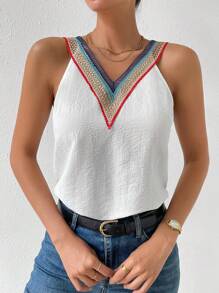 SHEIN LUNE Contrast Tape Blouse - White - View 3