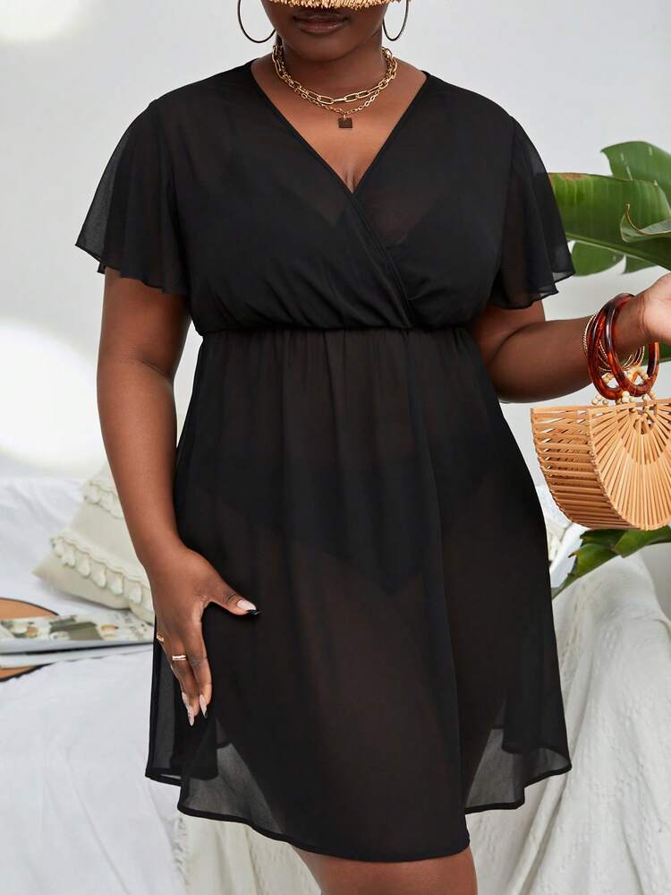 SHEIN Plus Solid Wrap Detail Chiffon Cover Up Dress - Black - View 5