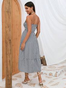 SHEIN VCAY Gingham Print Ruffle Hem Tube Dress - Black and White - View 2