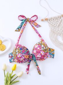 SHEIN Swim Summer Allover Print Knot Front Halter Push Up Bikini Top - Multicolor - View 3