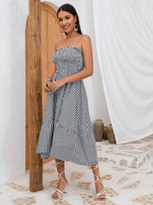 SHEIN VCAY Gingham Print Ruffle Hem Tube Dress - Black and White - View 5