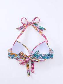 SHEIN Swim Summer Allover Print Knot Front Halter Push Up Bikini Top - Multicolor - View 4