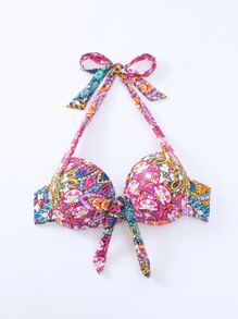 SHEIN Swim Summer Allover Print Knot Front Halter Push Up Bikini Top - Multicolor - View 6