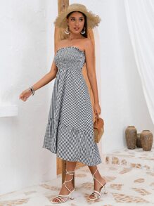 SHEIN VCAY Gingham Print Ruffle Hem Tube Dress - Black and White - View 6