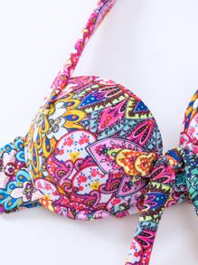 SHEIN Swim Summer Allover Print Knot Front Halter Push Up Bikini Top - Multicolor - View 7