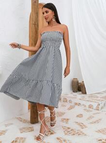 SHEIN VCAY Gingham Print Ruffle Hem Tube Dress - Black and White - View 7