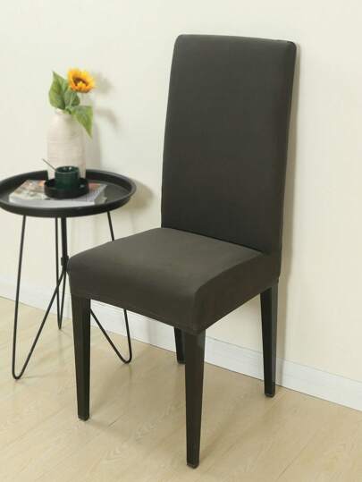 1pc Dark Grey Dining Chair Slipcover, Classic Polyester Dining Room Chair Slipcover For Home