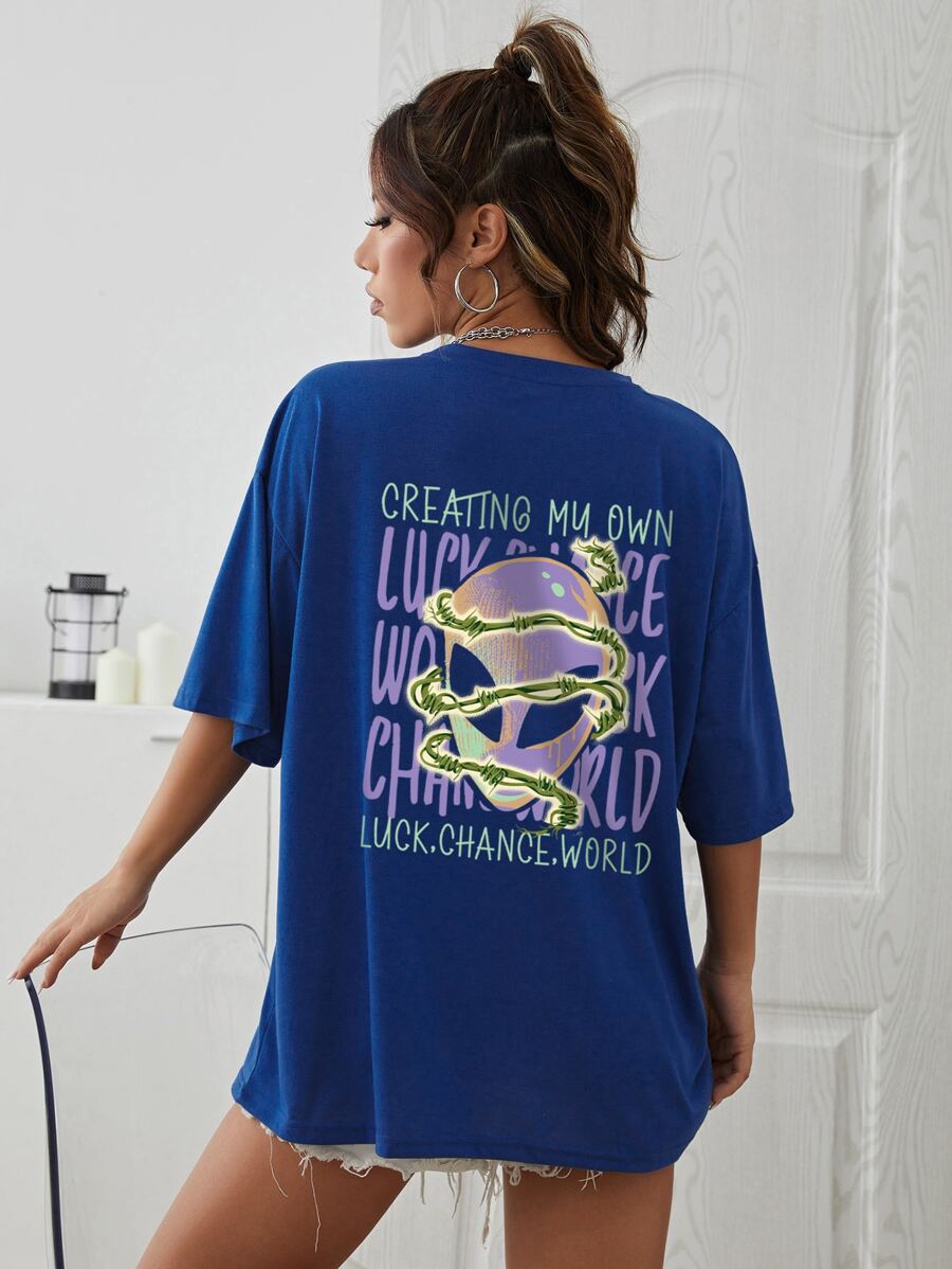 INAWLY 外星人和標語圖案落肩T恤 - 寶藍色 - 查看 1