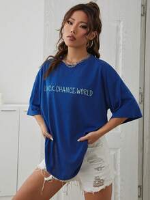 INAWLY 外星人和標語圖案落肩T恤 - 寶藍色 - 查看 2