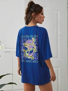 INAWLY 外星人和標語圖案落肩T恤 - 寶藍色 - 查看 3