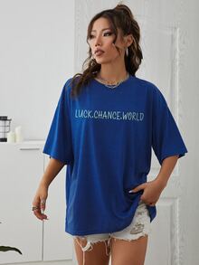 INAWLY 外星人和標語圖案落肩T恤 - 寶藍色 - 查看 4