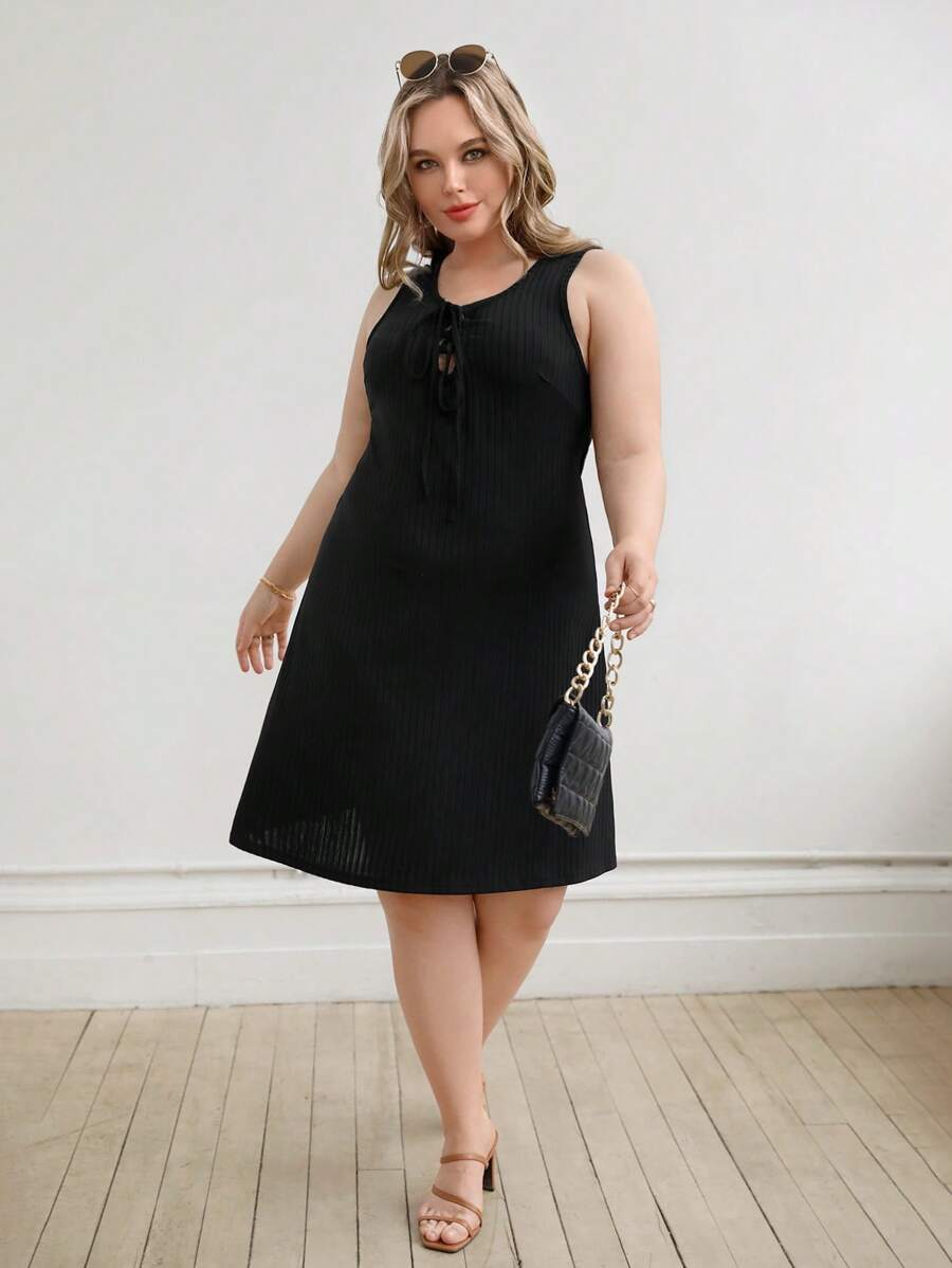 SHEIN Plus Tie Front Tank Dress - Black - View 1