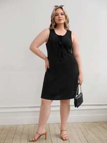 SHEIN Plus Tie Front Tank Dress - Black - View 4