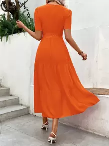 Breezaya Đầm Tương phản ren phân lớp màu trơn Giải trí - Màu Cam cháy - Xem 2