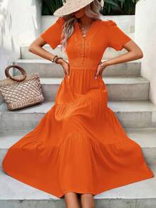 Breezaya Đầm Tương phản ren phân lớp màu trơn Giải trí - Màu Cam cháy - Xem 3