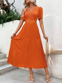 Breezaya Đầm Tương phản ren phân lớp màu trơn Giải trí - Màu Cam cháy - Xem 4