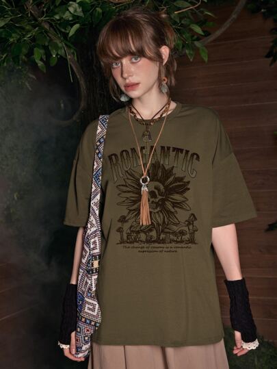 Drop Shoulder T-Shirt mit Schädel und Buchstaben Grafik,