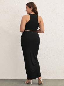 SHEIN BASICS Plus Solid Tank Top & Pencil Skirt - Black - View 3