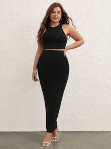 SHEIN BASICS Plus Solid Tank Top & Pencil Skirt - Black - View 5