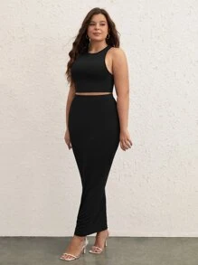 SHEIN BASICS Plus Solid Tank Top & Pencil Skirt - Black - View 6