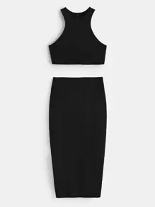 SHEIN BASICS Plus Solid Tank Top & Pencil Skirt - Black - View 1