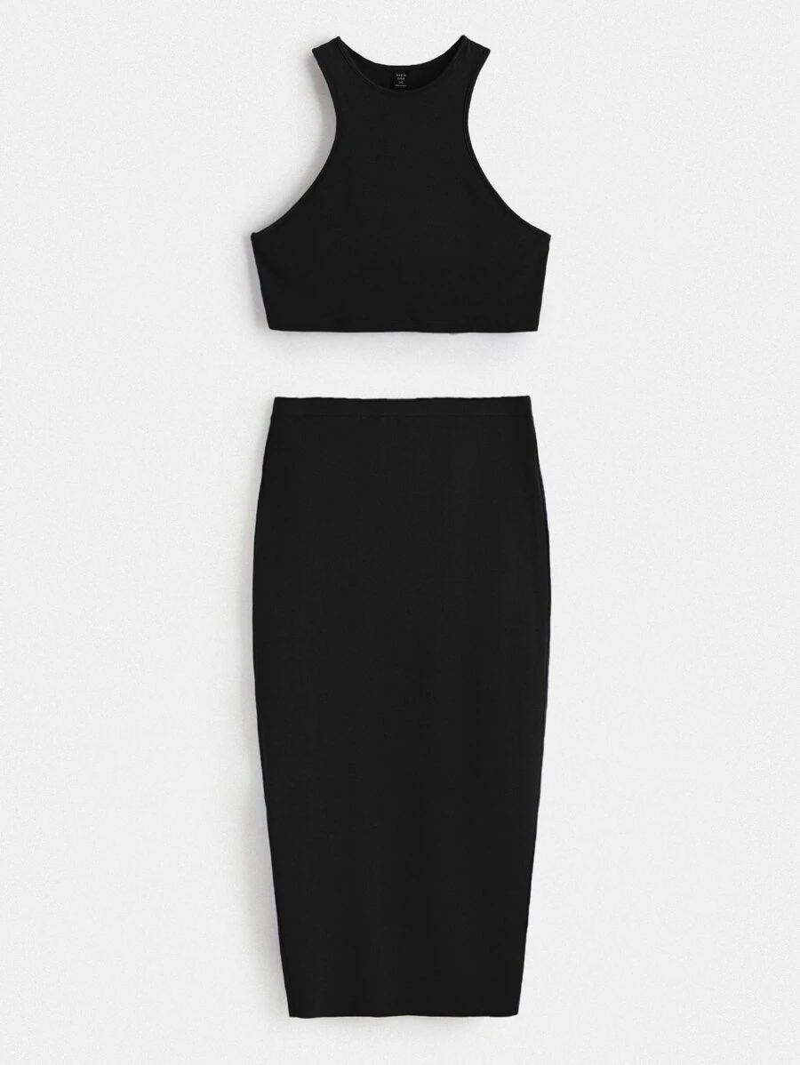 SHEIN BASICS Plus Solid Tank Top & Pencil Skirt - Black - View 1