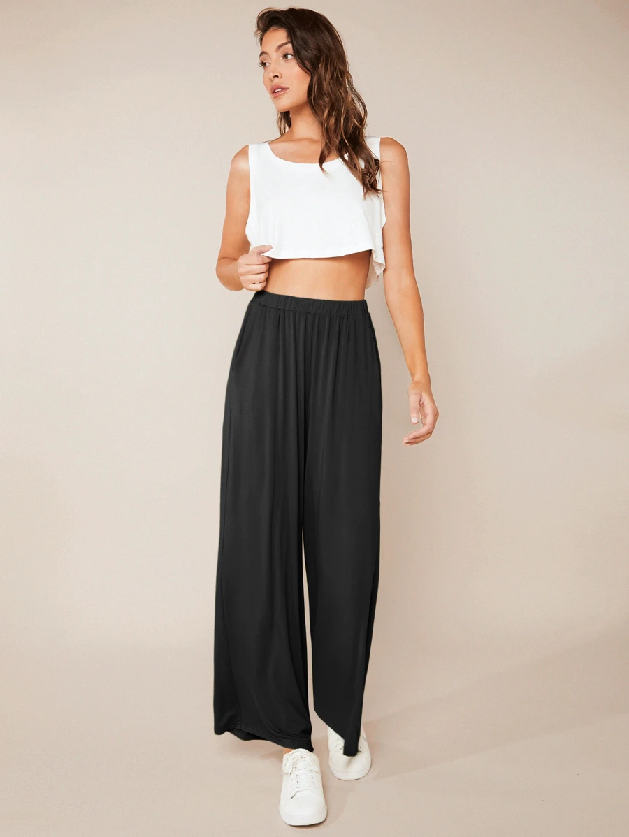 SHEIN BASICS Pantalones de pierna ancha unicolor - Negro - Ver 1