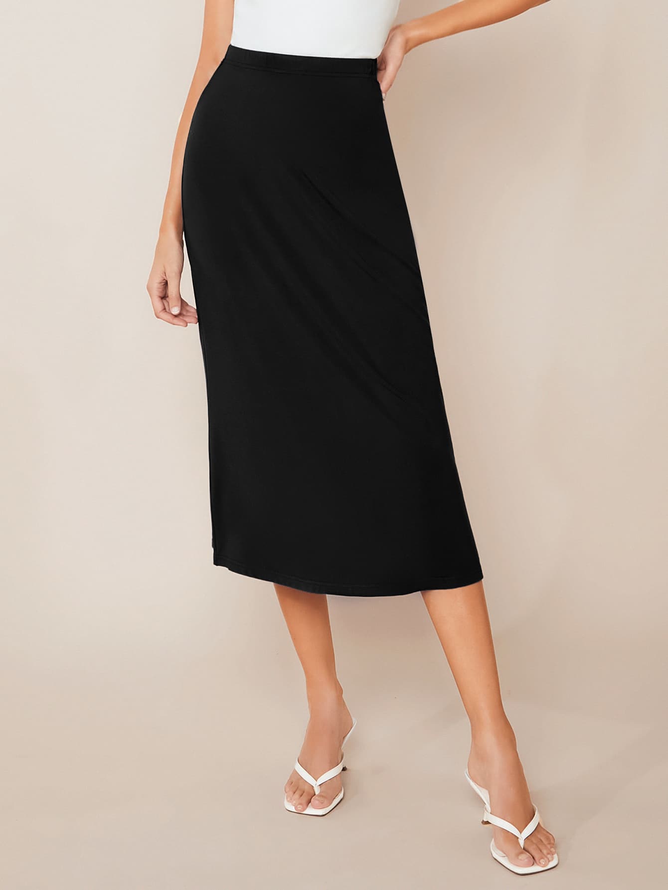 SHEIN BASICS Solid Split Hem Straight Skirt - Black - View 1