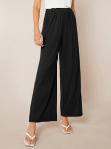 SHEIN BASICS Pantalones de pierna ancha unicolor - Negro - Ver 3