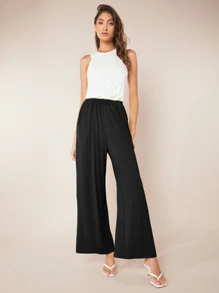 SHEIN BASICS Pantalones de pierna ancha unicolor - Negro - Ver 4