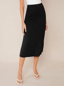 SHEIN BASICS Solid Split Hem Straight Skirt - Black - View 5