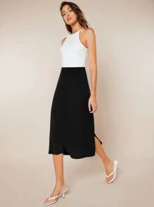 SHEIN BASICS Solid Split Hem Straight Skirt - Black - View 6