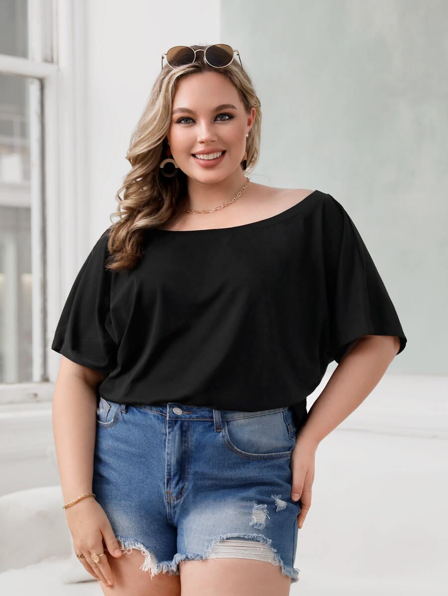 SHEIN Unity Plus Solid Batwing Sleeve Tee - Black - View 1