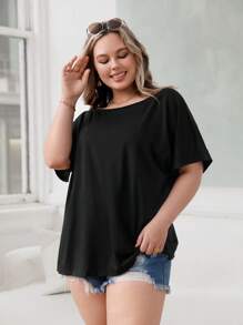 SHEIN Unity Plus Solid Batwing Sleeve Tee - Black - View 3