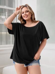 SHEIN Unity Plus Solid Batwing Sleeve Tee - Black - View 4