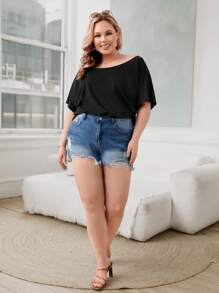 SHEIN Unity Plus Solid Batwing Sleeve Tee - Black - View 5