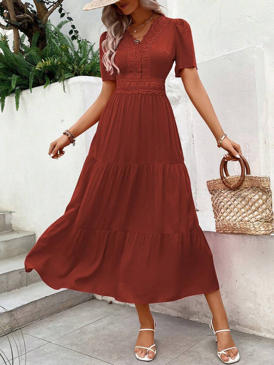 Breezaya Guipure Lace Insert Layered Hem Dress Maxi Vacation Beach Outfits Women - Rust Brown - View 1