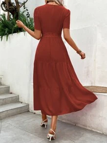 Breezaya Guipure Lace Insert Layered Hem Dress Maxi Vacation Beach Outfits Women - Rust Brown - View 2